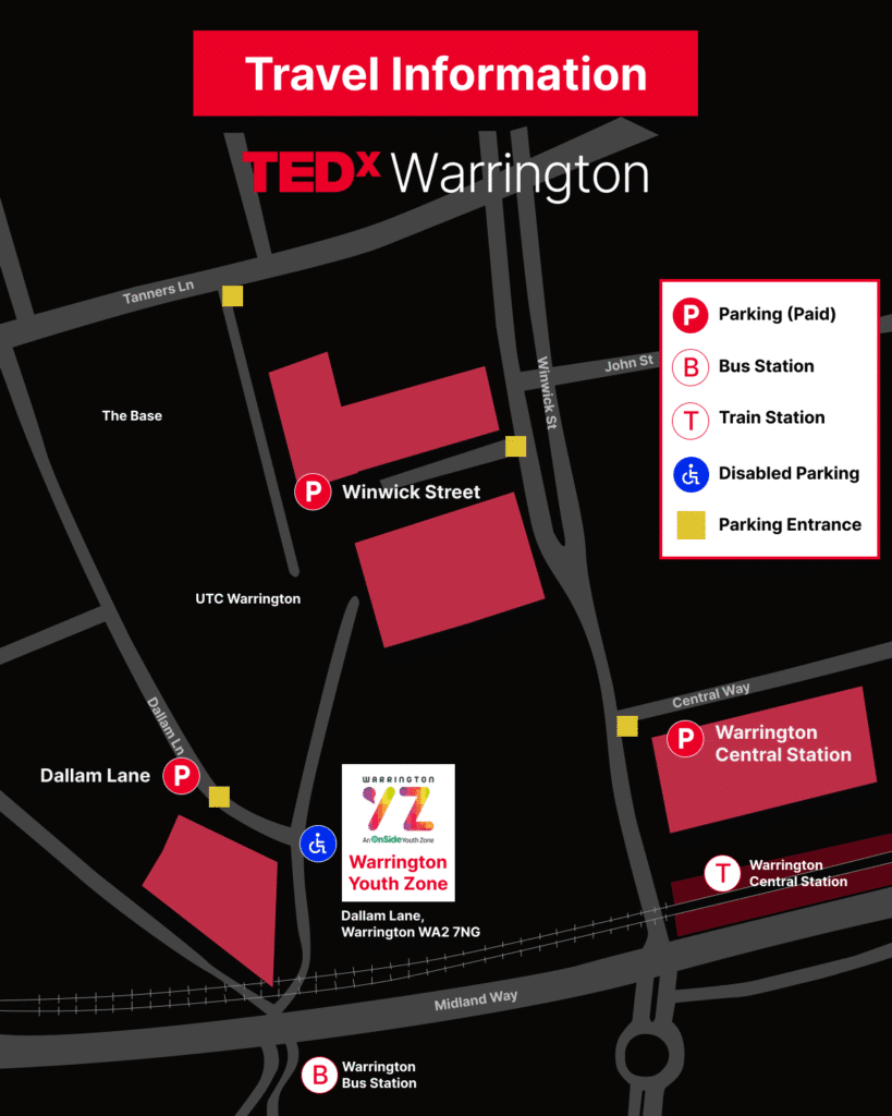 Parking graphic for TEDxWarrington 2025